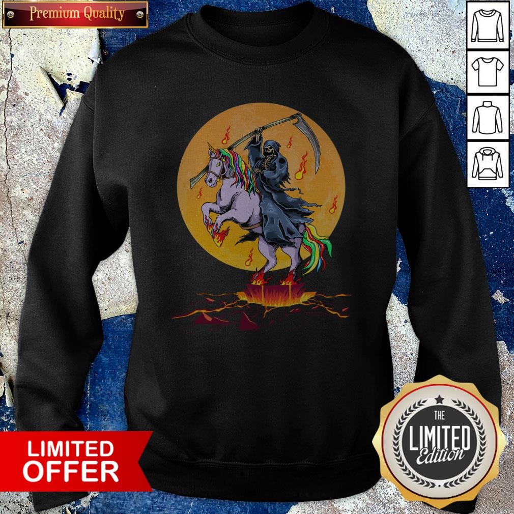 Official Grim Reaper With Unicorn Under The Moon Halloween Costume Shirt