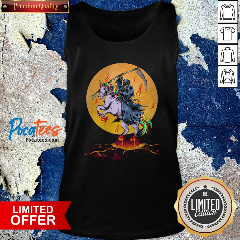 Official Grim Reaper With Unicorn Under The Moon Halloween Costume Shirt