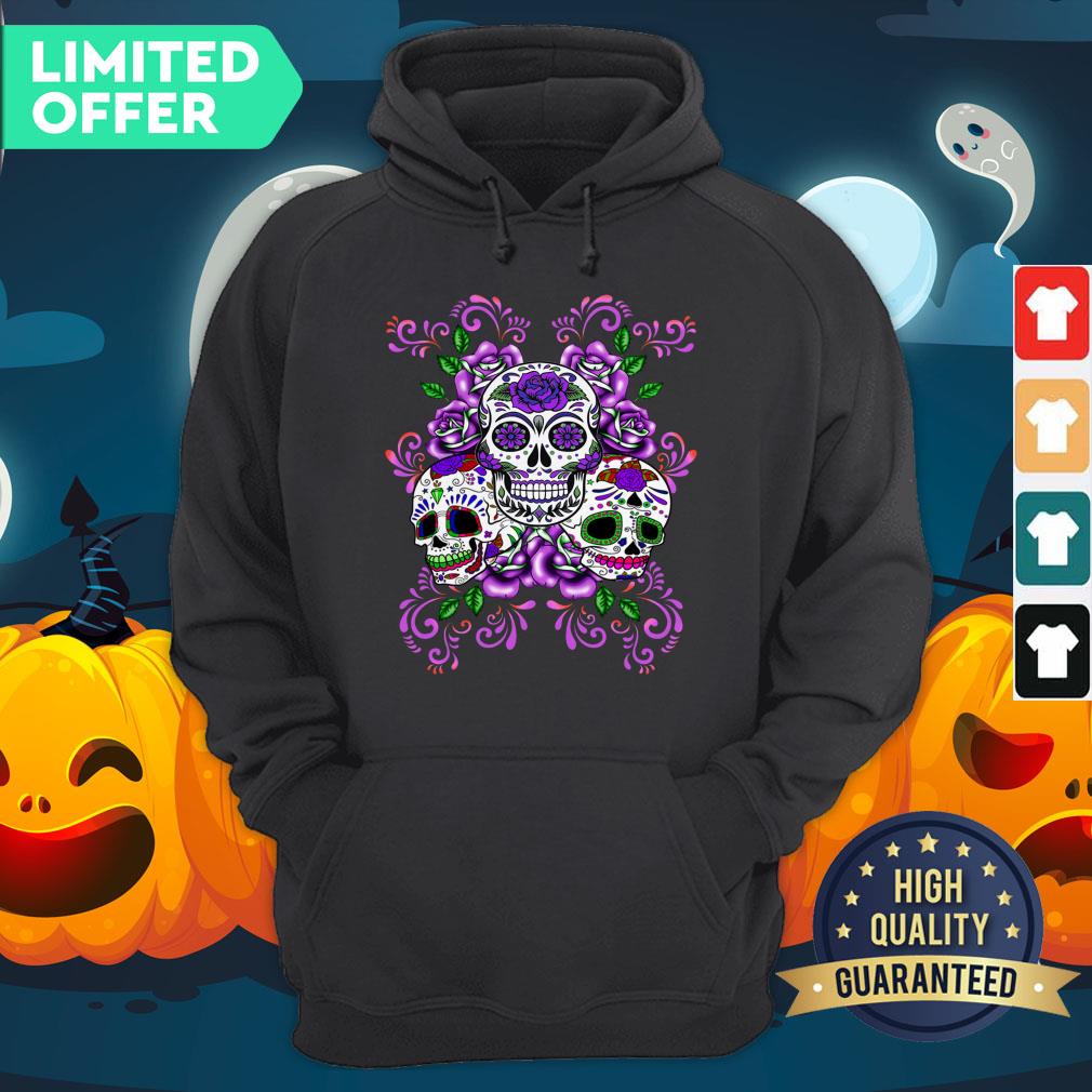 Triple Skull Purple Floral Day Of The Dead Sugar Skulls Shirt