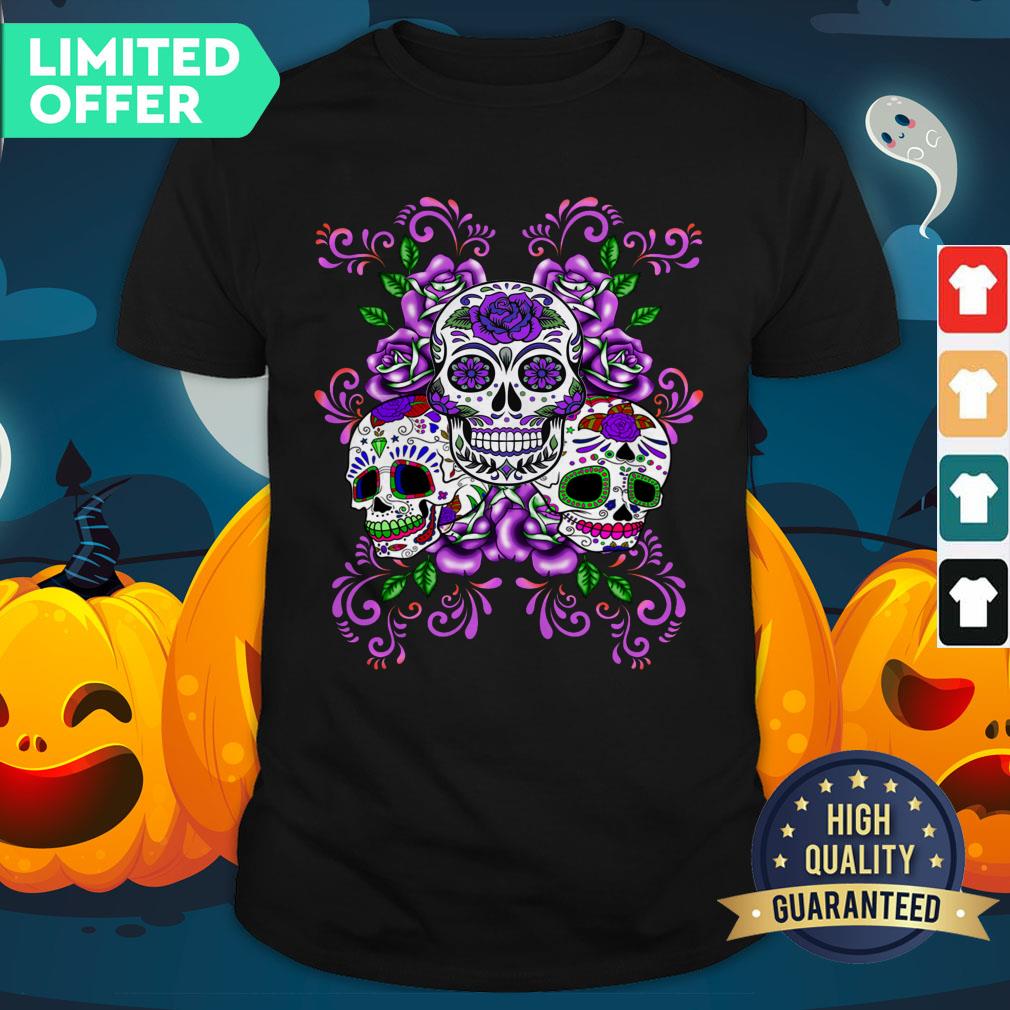 Triple Skull Purple Floral Day Of The Dead Sugar Skulls Shirt
