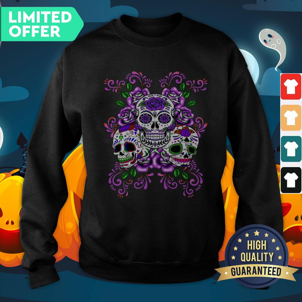 Triple Skull Purple Floral Day Of The Dead Sugar Skulls Shirt