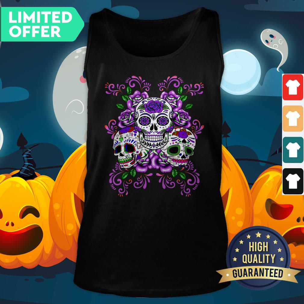 Triple Skull Purple Floral Day Of The Dead Sugar Skulls Shirt