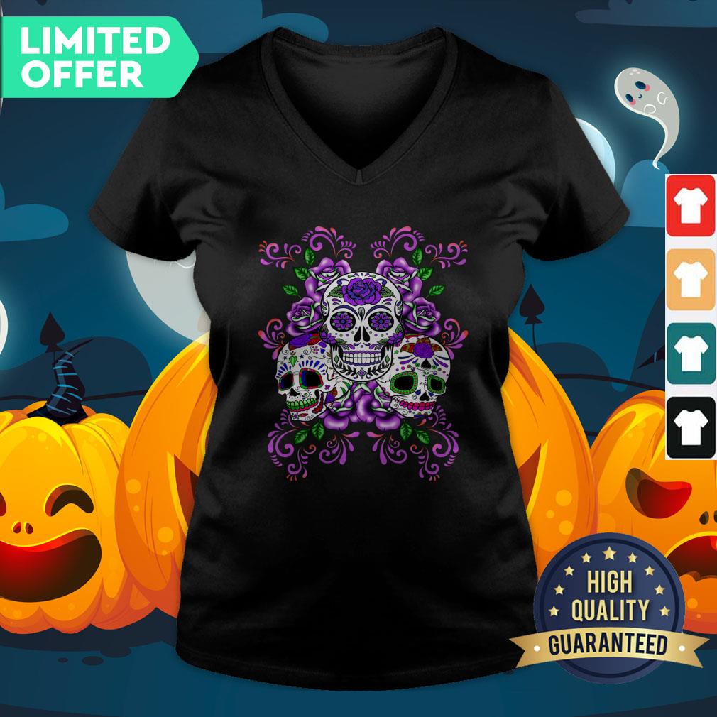 Triple Skull Purple Floral Day Of The Dead Sugar Skulls Shirt