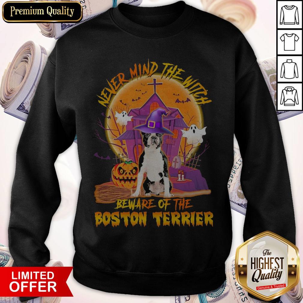 Funny Never Mind The Witch Beware Of The Boston Terrier Halloween Moon Shirt