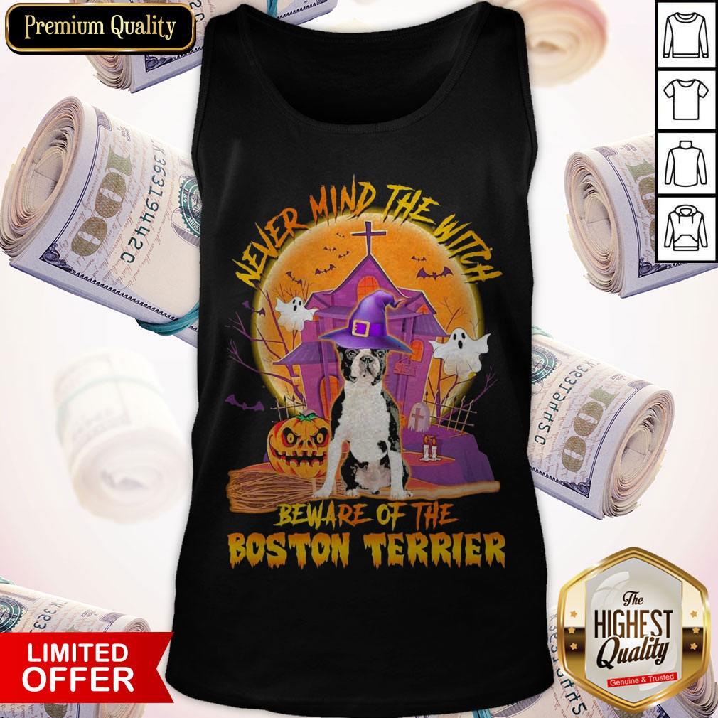 Funny Never Mind The Witch Beware Of The Boston Terrier Halloween Moon Shirt