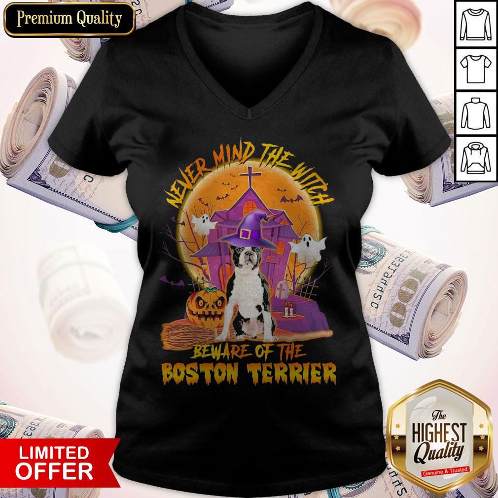 Funny Never Mind The Witch Beware Of The Boston Terrier Halloween Moon Shirt