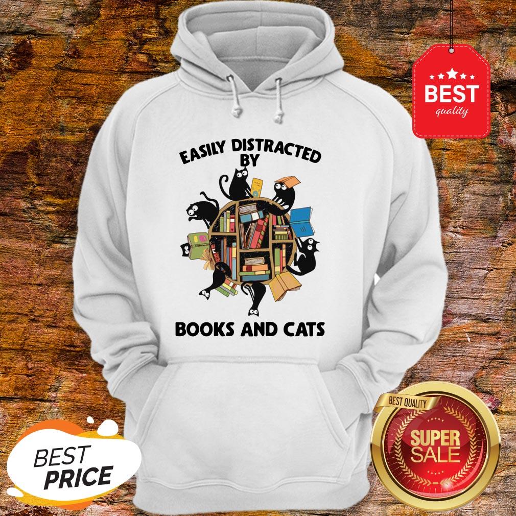 Librarian Easily Distracted By Books And Cats Black Shirt
