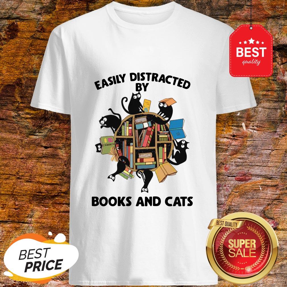 Librarian Easily Distracted By Books And Cats Black Shirt