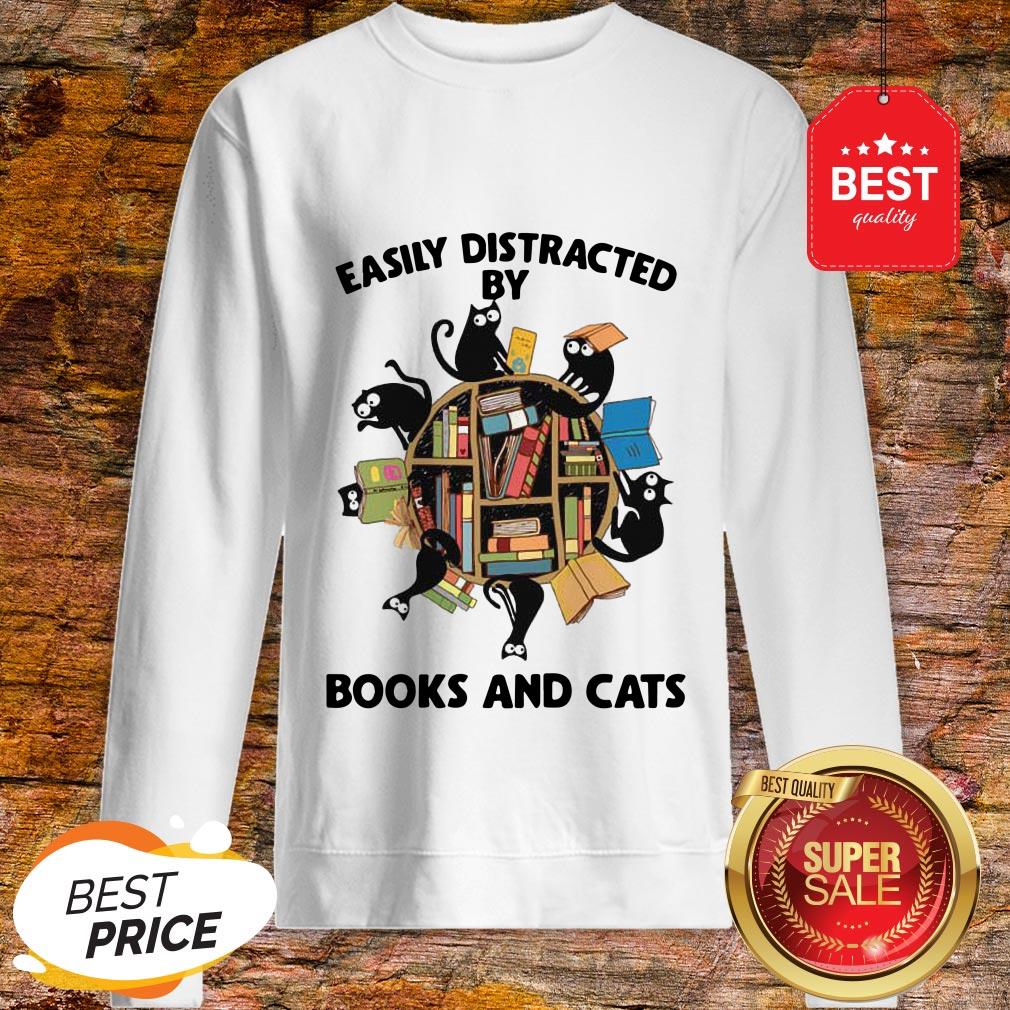 Librarian Easily Distracted By Books And Cats Black Shirt