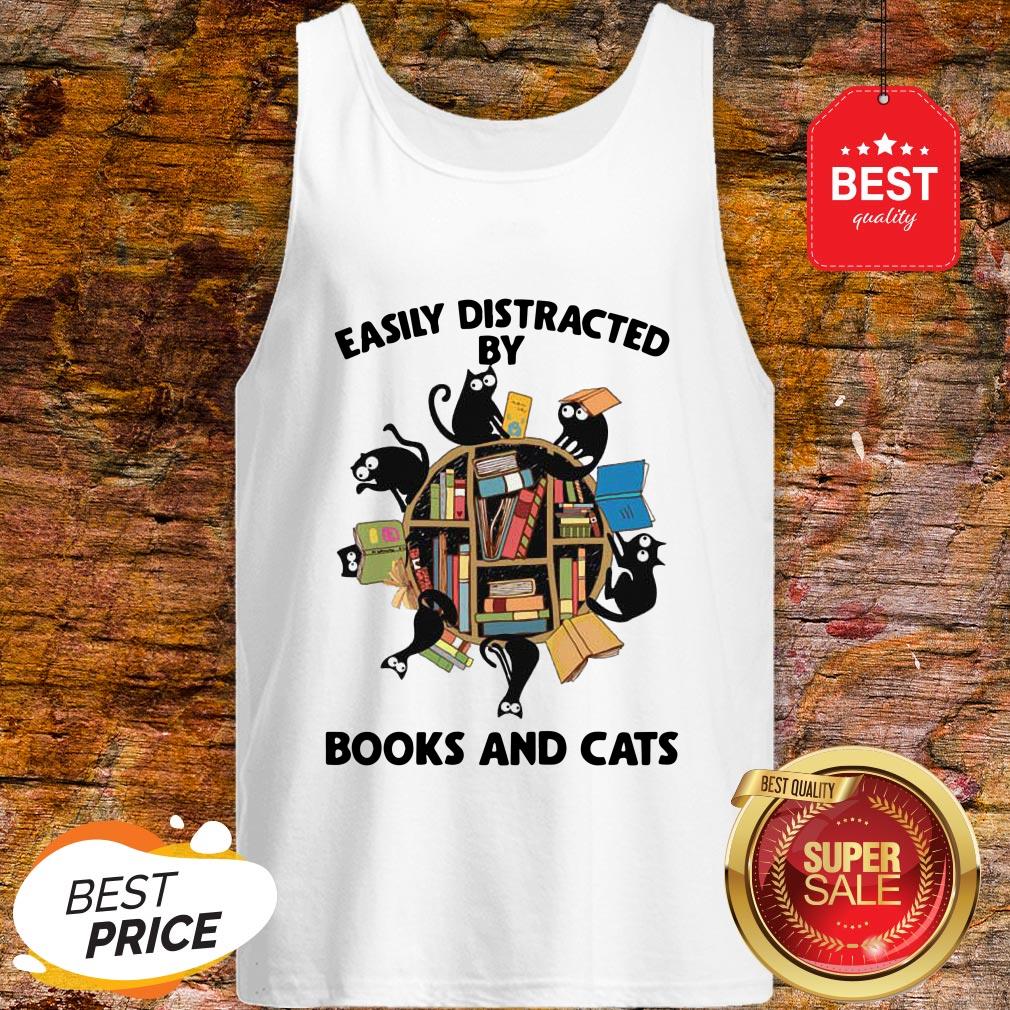 Librarian Easily Distracted By Books And Cats Black Shirt