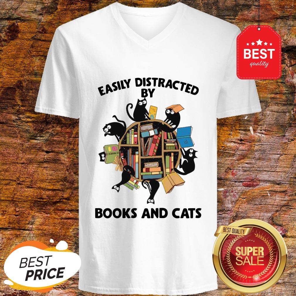 Librarian Easily Distracted By Books And Cats Black Shirt