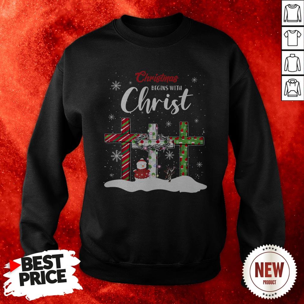 Snowman Cross Christmas Begins With Christ Shirt