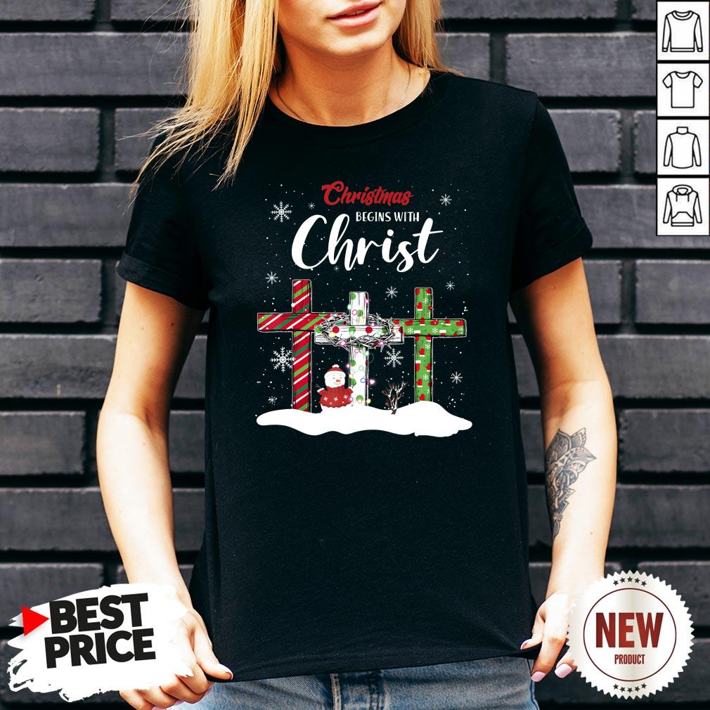 Snowman Cross Christmas Begins With Christ Shirt