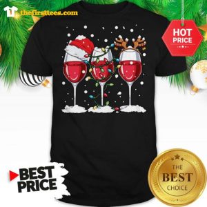 Official Original Three Wine Glasses With Christmas Orn And Santa Hat Shirt