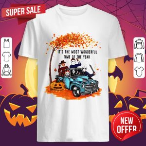 Halloween Horror Characters Riding Car Its The Most Wonderful Time Of The Year Leaves Tree Shirt