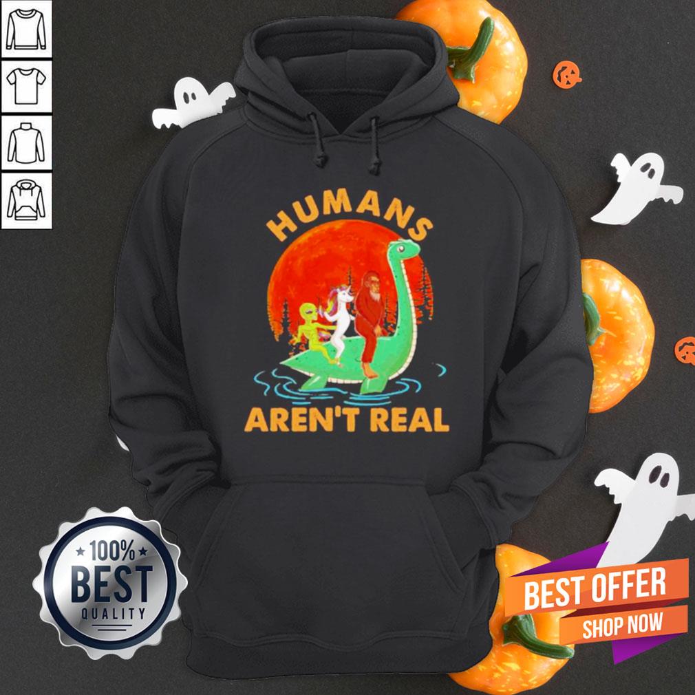Halloween Humans Arent Real Alice Unicorn And Bigfoot Riding Dinosaur Shirt