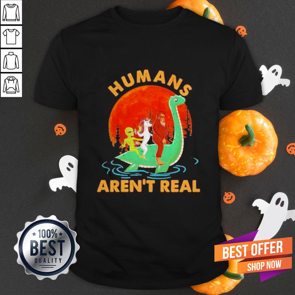 Halloween Humans Arent Real Alice Unicorn And Bigfoot Riding Dinosaur Shirt
