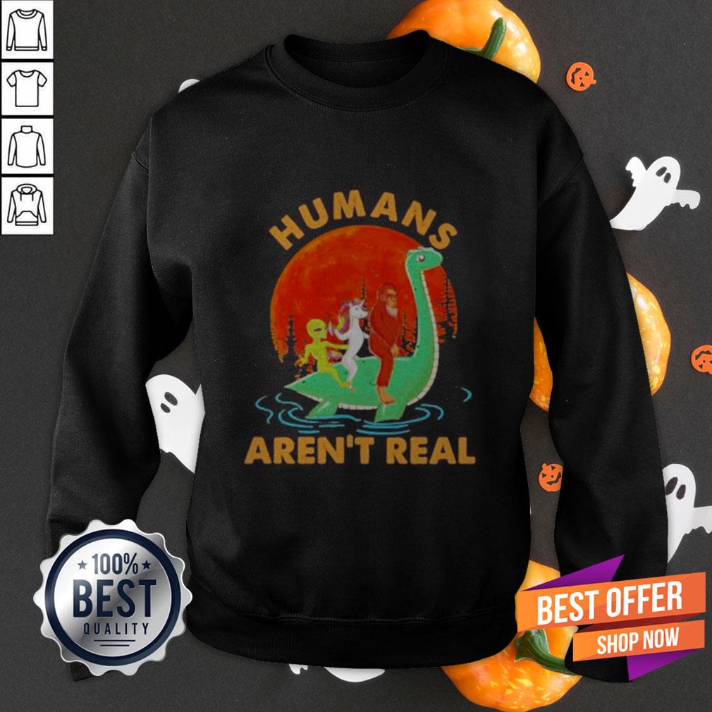 Halloween Humans Arent Real Alice Unicorn And Bigfoot Riding Dinosaur Shirt