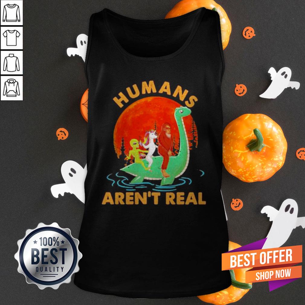 Halloween Humans Arent Real Alice Unicorn And Bigfoot Riding Dinosaur Shirt