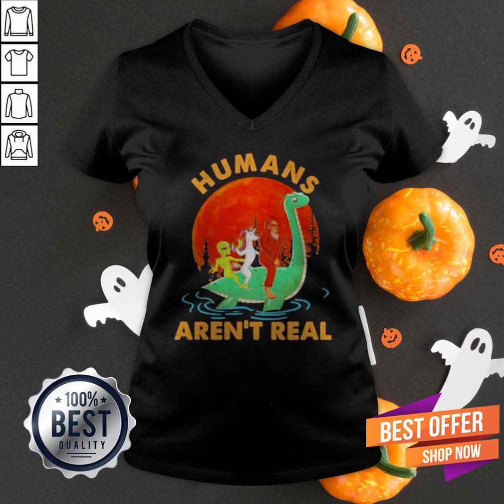 Halloween Humans Arent Real Alice Unicorn And Bigfoot Riding Dinosaur Shirt
