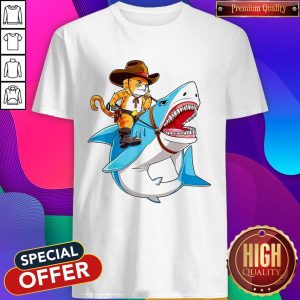 Funny Cowboy Cat Riding Shark Shirt