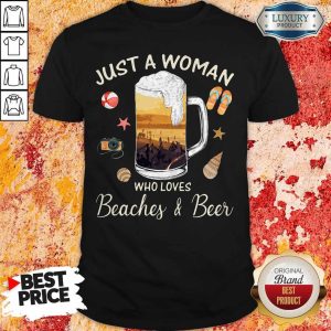 Just A Woman Who Loves Beaches Beer Ball Camera Snails Clam Starfish Sandals shirt