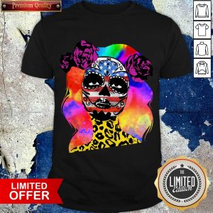 Colorful Sugar Skull Leopard Cheetah America Girl Día De Los Muertos Halloween Shirt