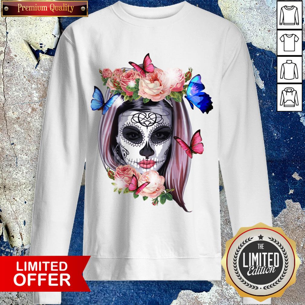 Colorful Sugar Skull Camila Buttlefly Girl Día De Los Muertos Halloween Shirt