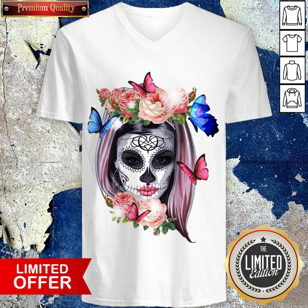 Colorful Sugar Skull Camila Buttlefly Girl Día De Los Muertos Halloween Shirt