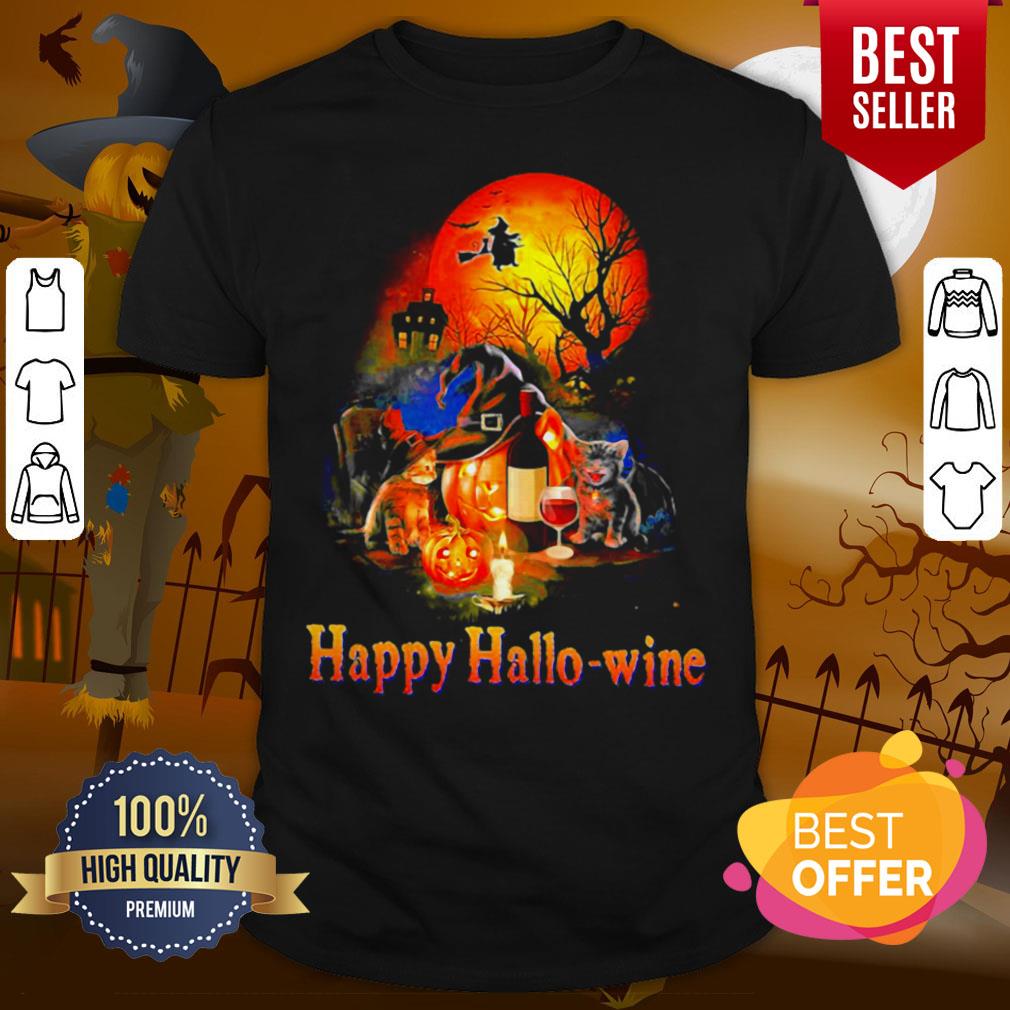 Happy Hallo Wine Cat Pumpkin Sunset Halloween Shirt
