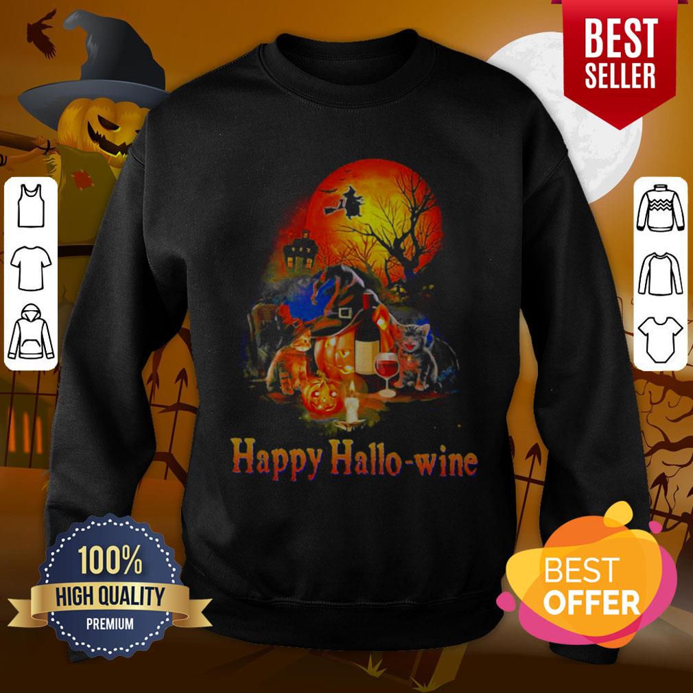 Happy Hallo Wine Cat Pumpkin Sunset Halloween Shirt