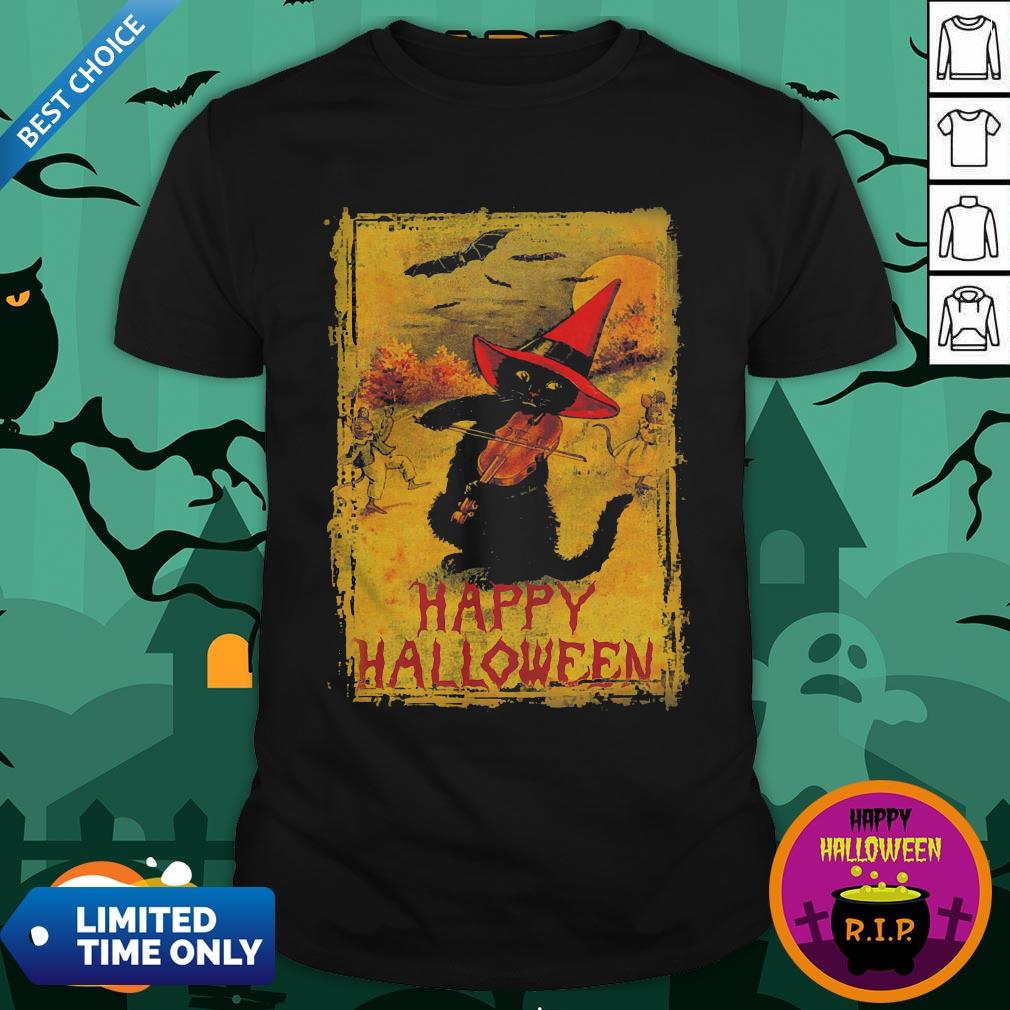 Happy Halloween Black Cat Playing Fiddle Premium Perfect Shirt