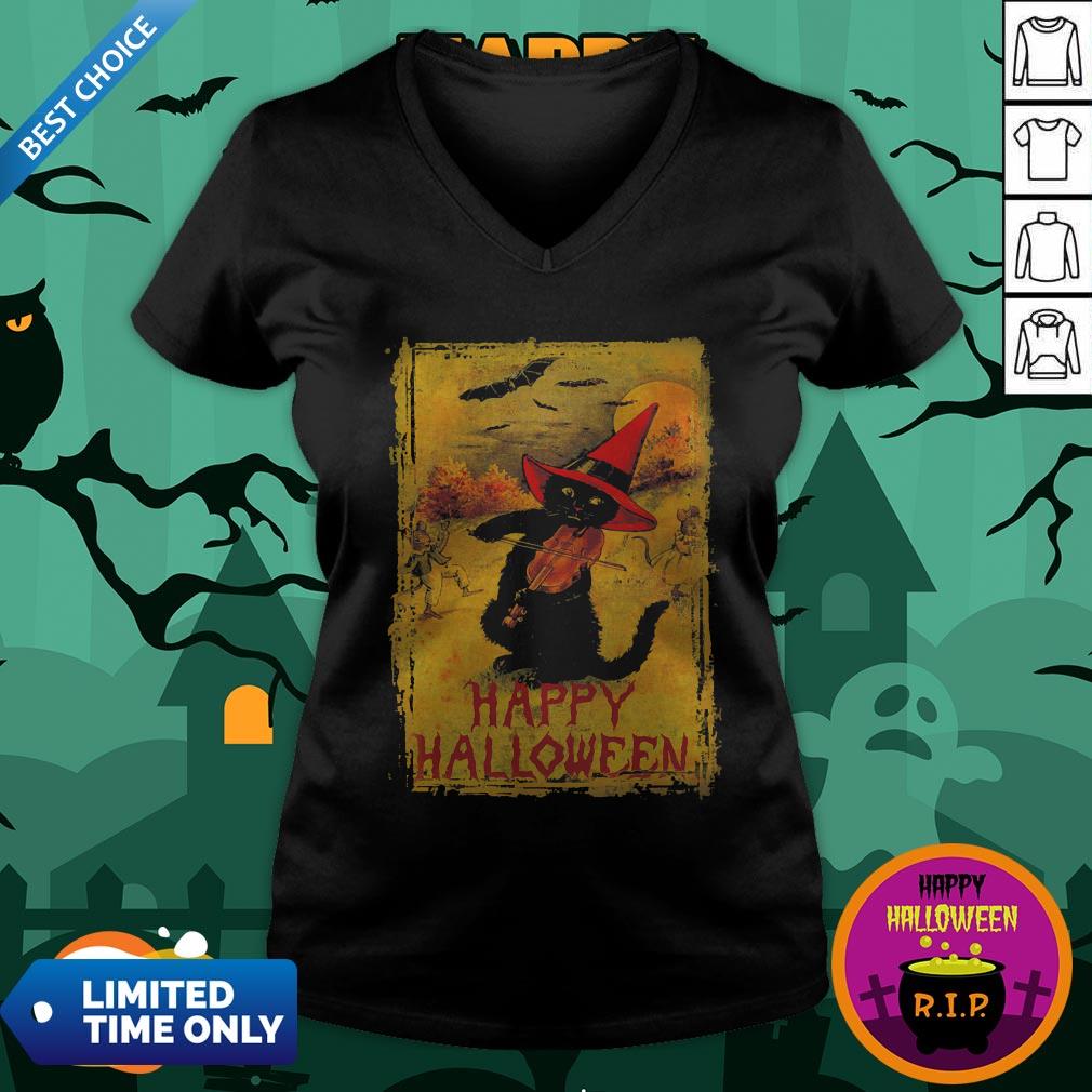Happy Halloween Black Cat Playing Fiddle Premium Perfect Shirt