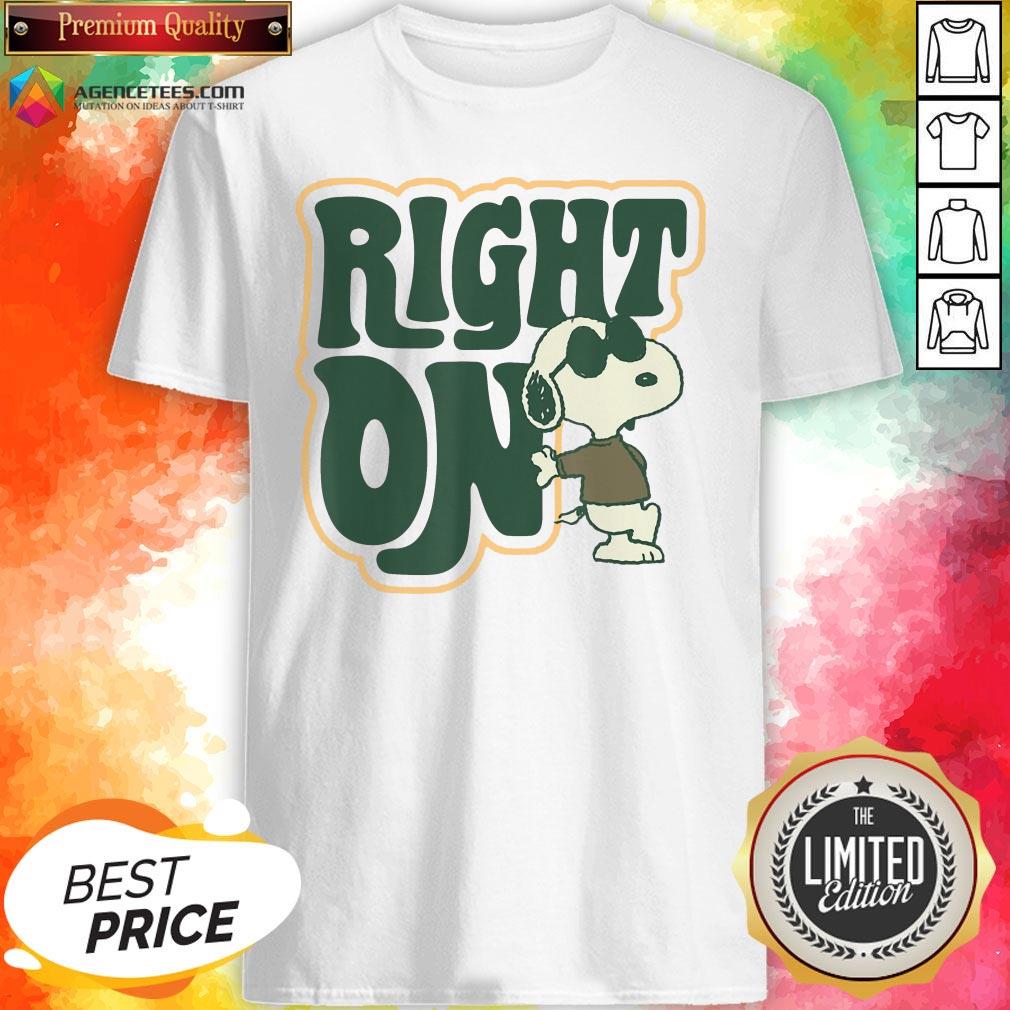 Top Peanuts Woodstock 50th Anniversary Right On Snoopy Shirt