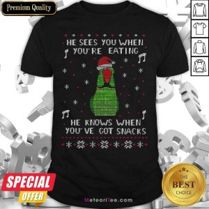 Top Bird Santa Hat He Sees You When You’re Eating He Knows When You’ve Got Snacks Christmas Shirt