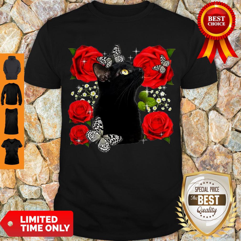 Cute Black Cat Rose Flowers Butterfly Shirt