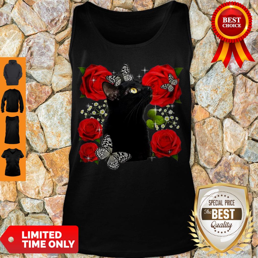 Cute Black Cat Rose Flowers Butterfly Shirt