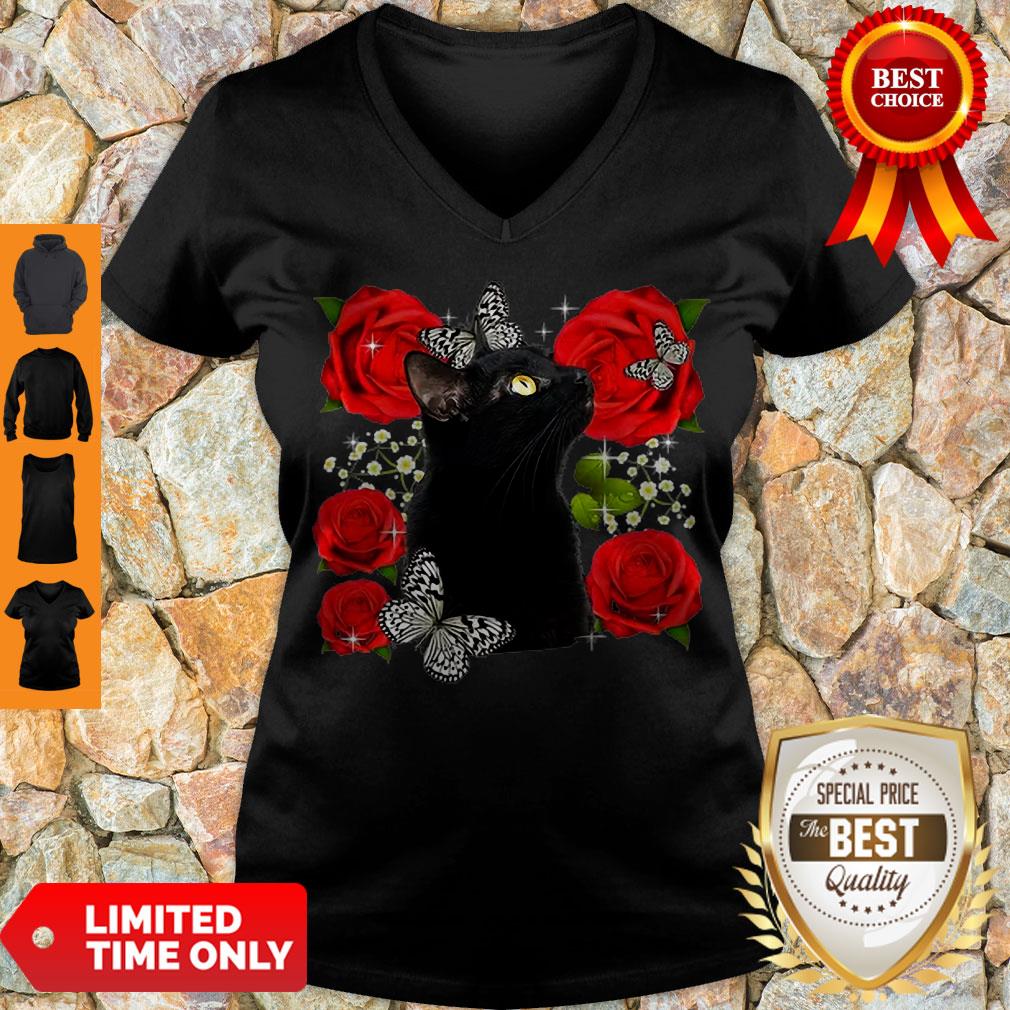 Cute Black Cat Rose Flowers Butterfly Shirt