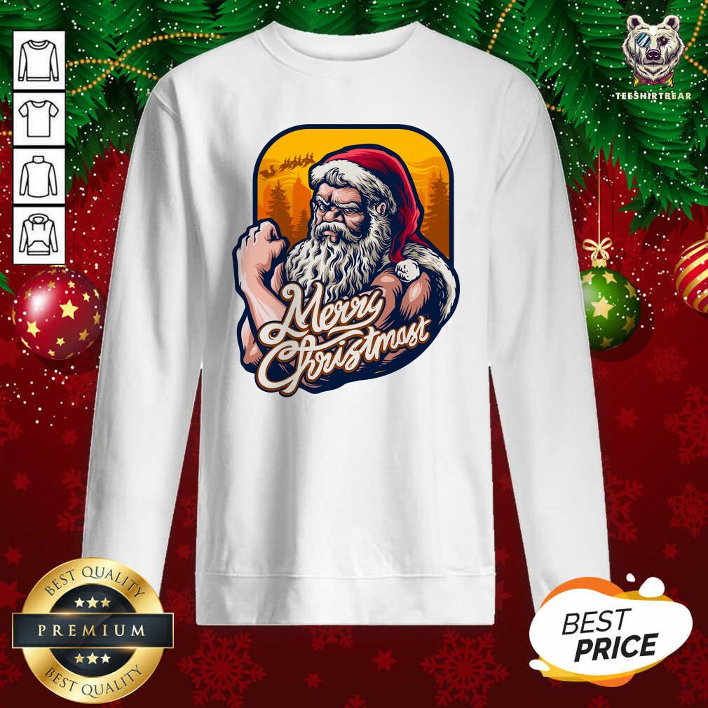 Nice Xmas Strong Cool Santa Claus Merry Christmas With Background Tree Shirt