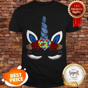 Nice Autism Awareness Unicorn Face Red Plaid Leopard Print Hearts Shirt