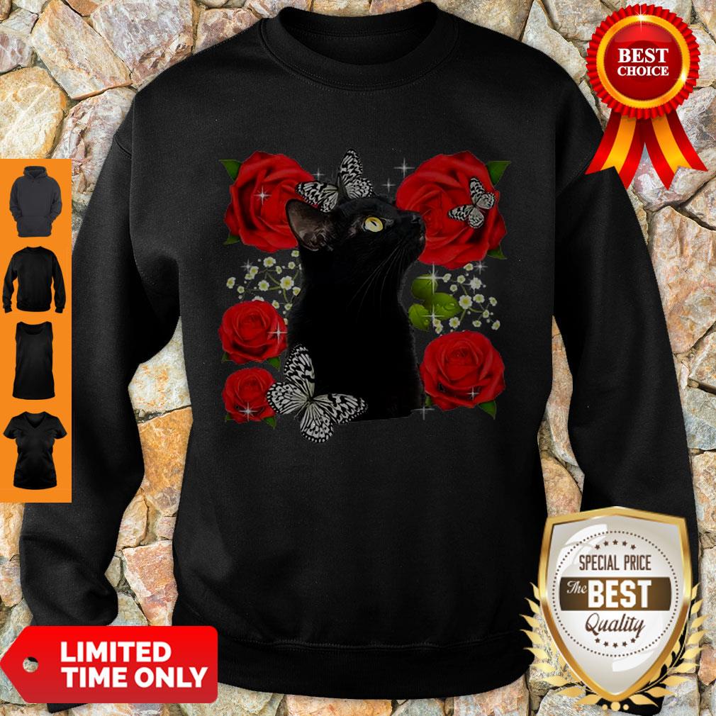 Cute Black Cat Rose Flowers Butterfly Shirt