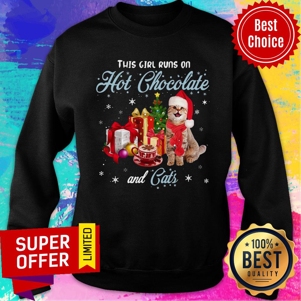 Awesome This Girl Runs On Hot Chocolate And Cats Christmas Shirt