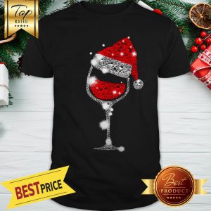 Christmas Wine Glass Red Santa Hat Diamond Glitter Shirt