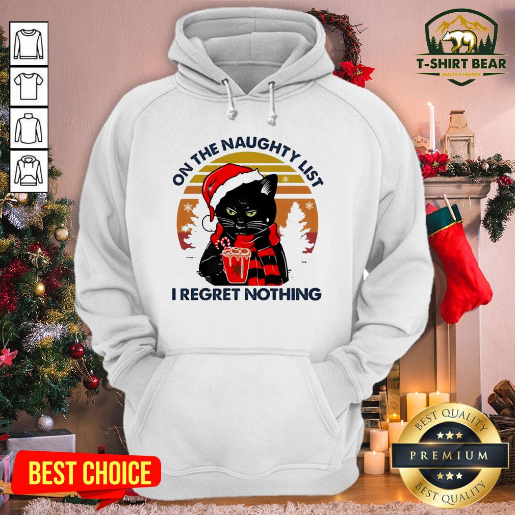Cute Cat Drink Coffee On The Naughty List I Regret Nothing Vintage Retro Shirt
