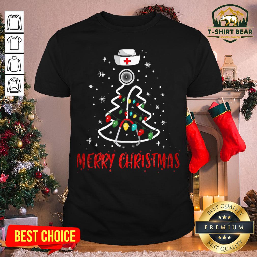 Pretty Merry Christmas Nurse Shirt Stethoscope Tree Lights Gift Shirt