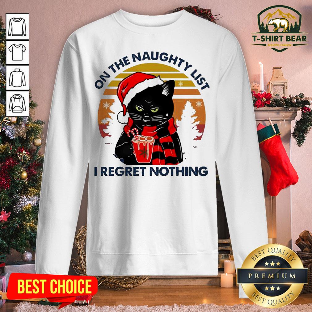 Cute Cat Drink Coffee On The Naughty List I Regret Nothing Vintage Retro Shirt