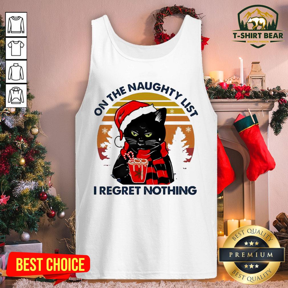 Cute Cat Drink Coffee On The Naughty List I Regret Nothing Vintage Retro Shirt