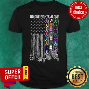 No One Fights Alone Cancer Awareness American Flag Shirt