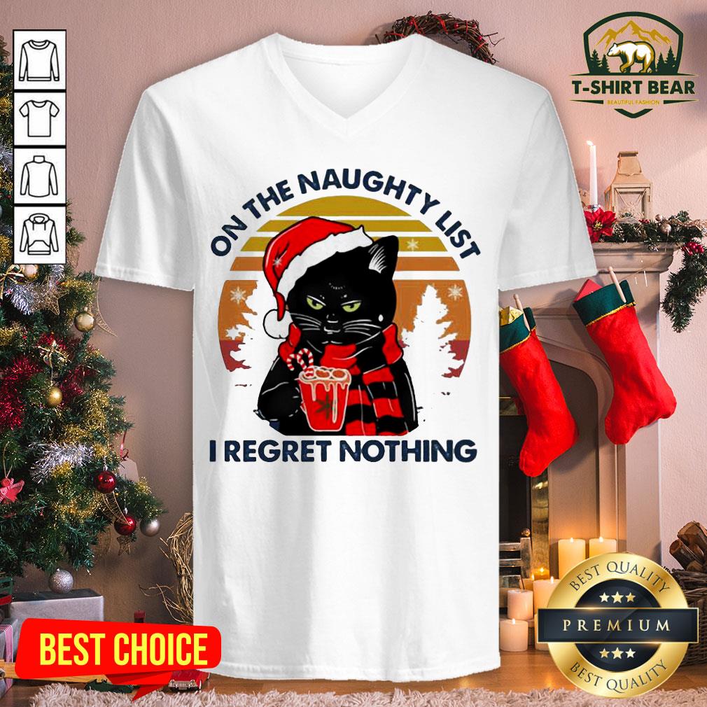 Cute Cat Drink Coffee On The Naughty List I Regret Nothing Vintage Retro Shirt