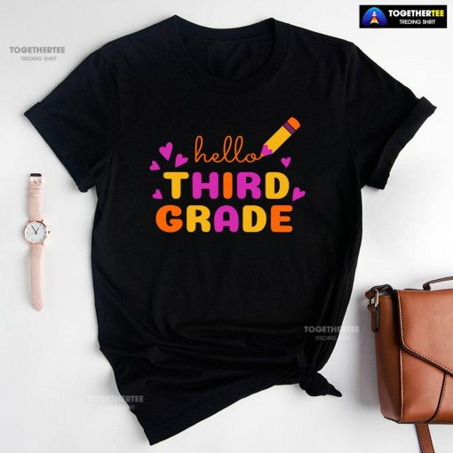 Hello Third Grade 3rd Grade Student Crayon Purple Heart Back To School T-Shirt